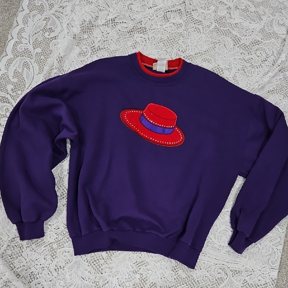 👒Vintage Top Stitch Red Hat Society Embroidery Sweatshirt